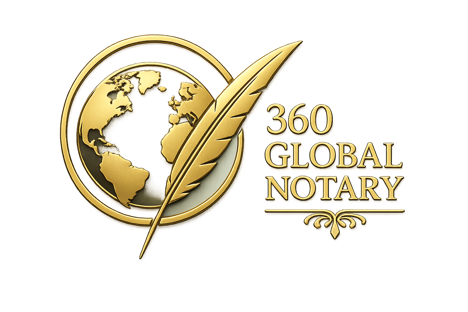 360 Global Notary logo featuring gold globe and quill representing professional loan signing and mobile notary services